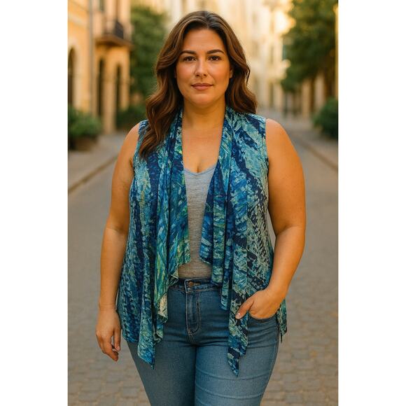 Avenue Womens Cardigan Plus 18/20 Blue Floral Open Front Waterfall Long Sleeve - Picture 1 of 8